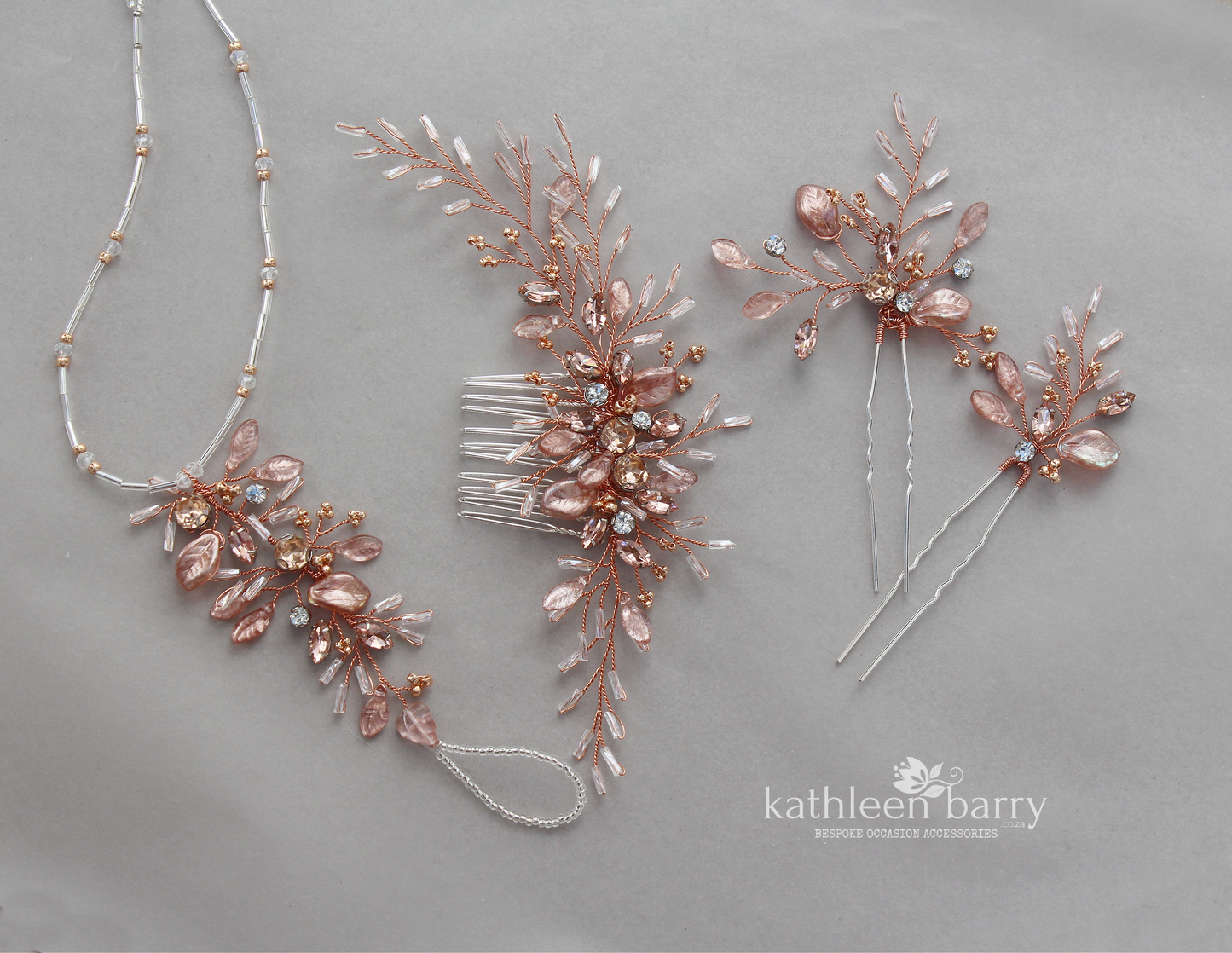 Gillian feathered leaf Rose gold bright copper hairpiece - available in Rose gold, Gold or Silver