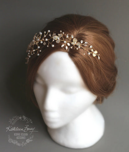 Tiffany Gold hair vine iridescent gold white pearl - Available in Gold, Silver and Rose gold