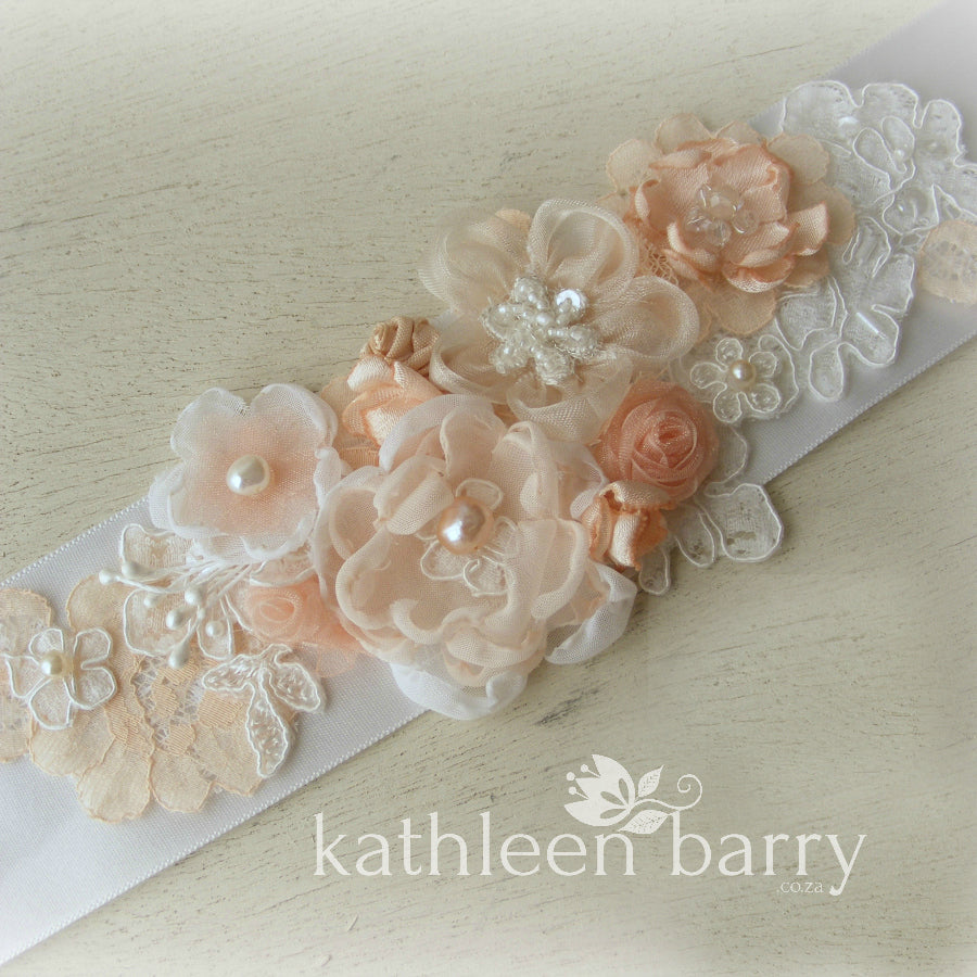 Gwen dress sash Wedding dress bridal belt - Coral peach accents - colors to order