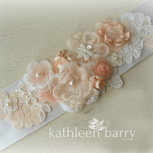Gwen dress sash Wedding dress bridal belt - Coral peach accents - colors to order