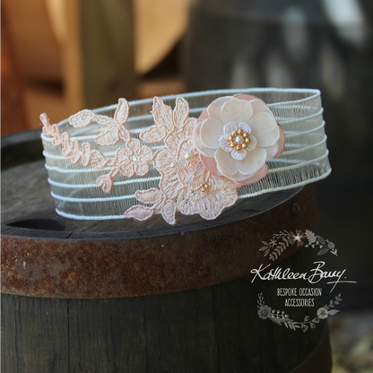 Kelly Garter flower detail and bridal lace Rose gold and blush pink - color options available