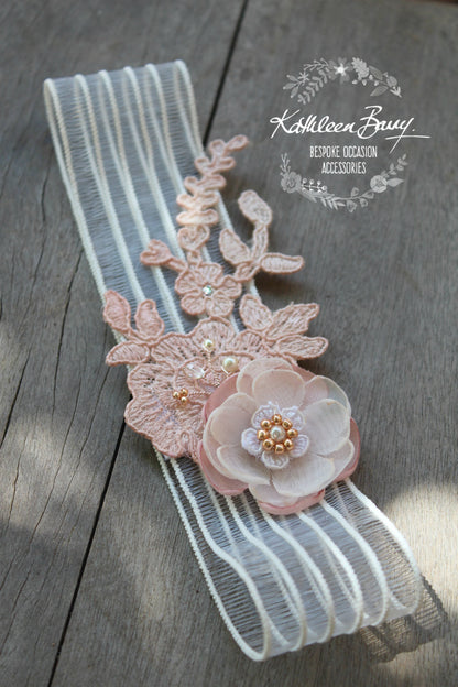 Kelly Garter flower detail and bridal lace Rose gold and blush pink - color options available