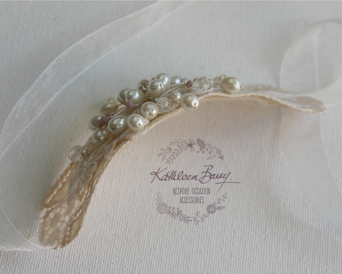 Diane lace and pearl cuff bracelet - hint of soft mauve crystals or your color choice.