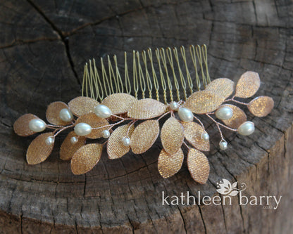 Irma metallic leaf and pearl hair comb - rose gold, gold or silver