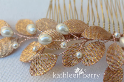 Irma metallic leaf and pearl hair comb - rose gold, gold or silver