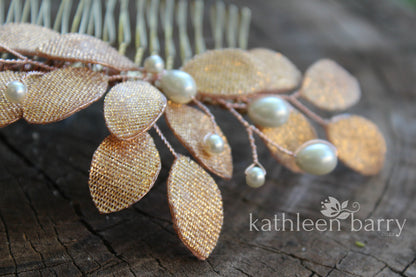Irma metallic leaf and pearl hair comb - rose gold, gold or silver