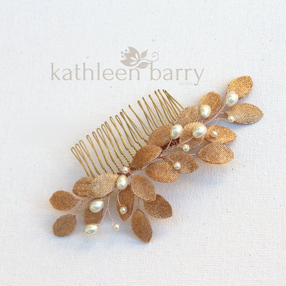 Irma metallic leaf and pearl hair comb - rose gold, gold or silver