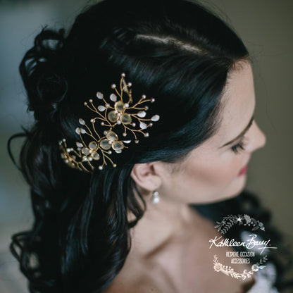 Tiffany Gold hair vine iridescent gold white pearl - Available in Gold, Silver and Rose gold