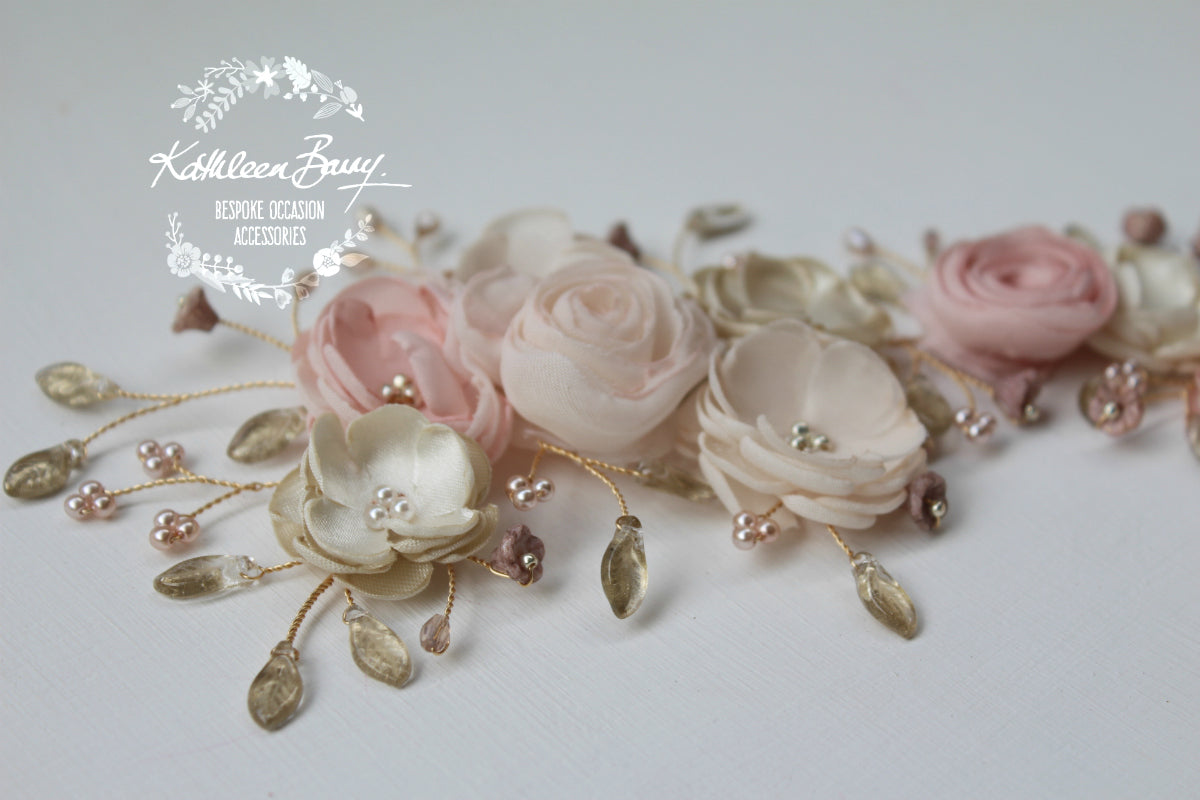 Jane Bridal Hair Piece / vine shades of blush pinks - Ivory Champagne custom colors available