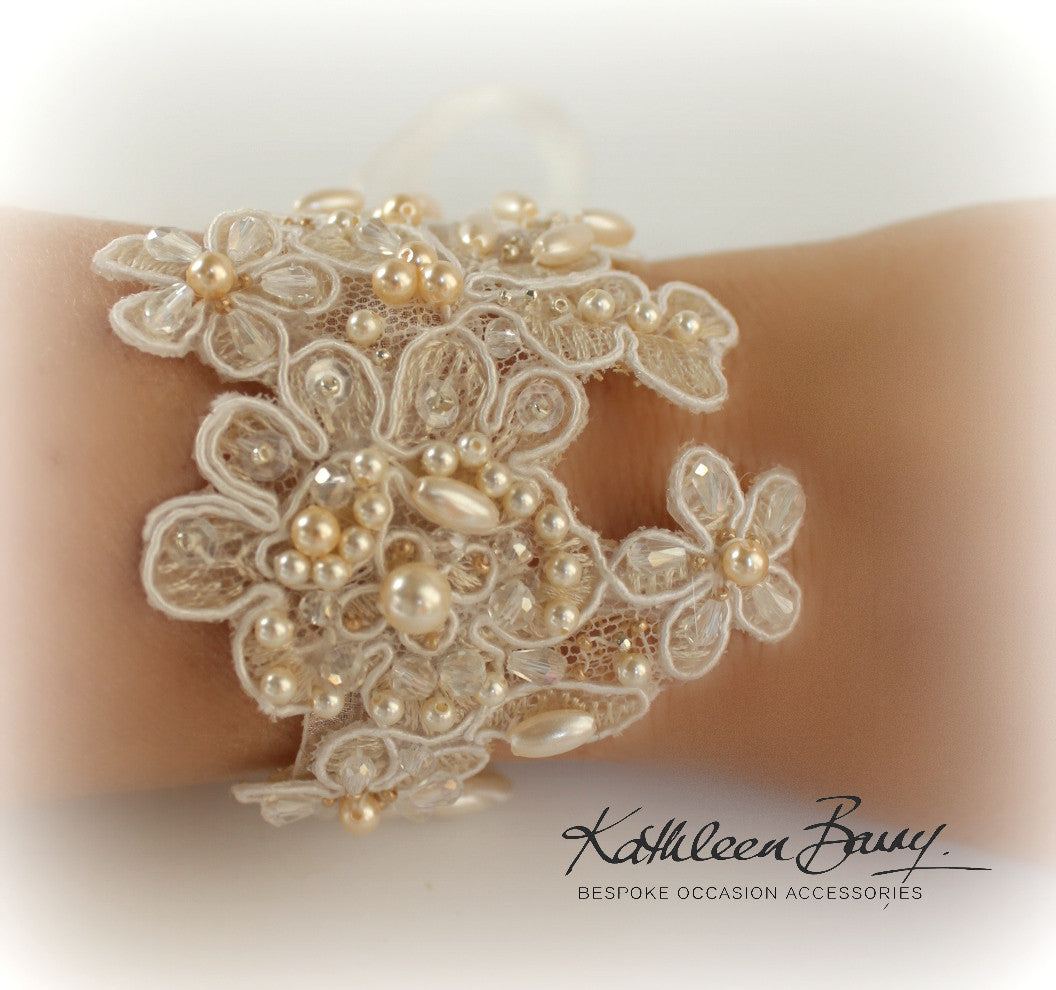 Lace cuff bracelet - bridal wedding lace cuff crystal and pearl embellished - wedding accessories