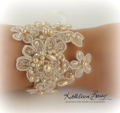 Lace cuff bracelet - bridal wedding lace cuff crystal and pearl embellished - wedding accessories