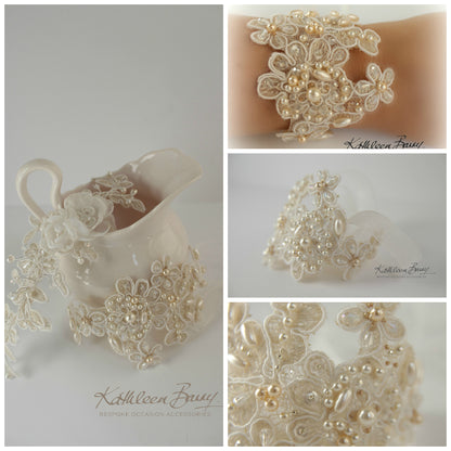 Lace cuff bracelet - bridal wedding lace cuff crystal and pearl embellished - wedding accessories