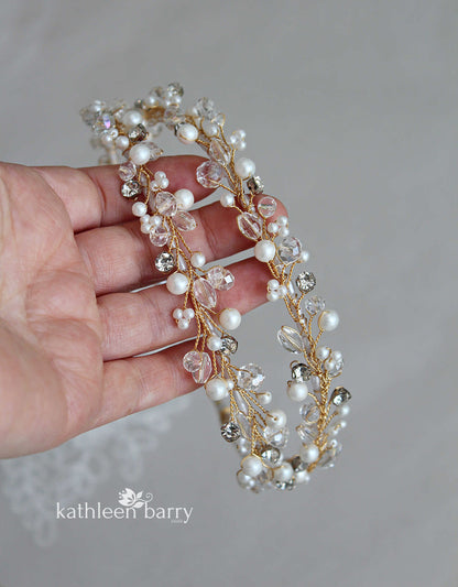 Joanne double strand headband crystal, pearl and rhinestone - Gold, Silver or rose gold options