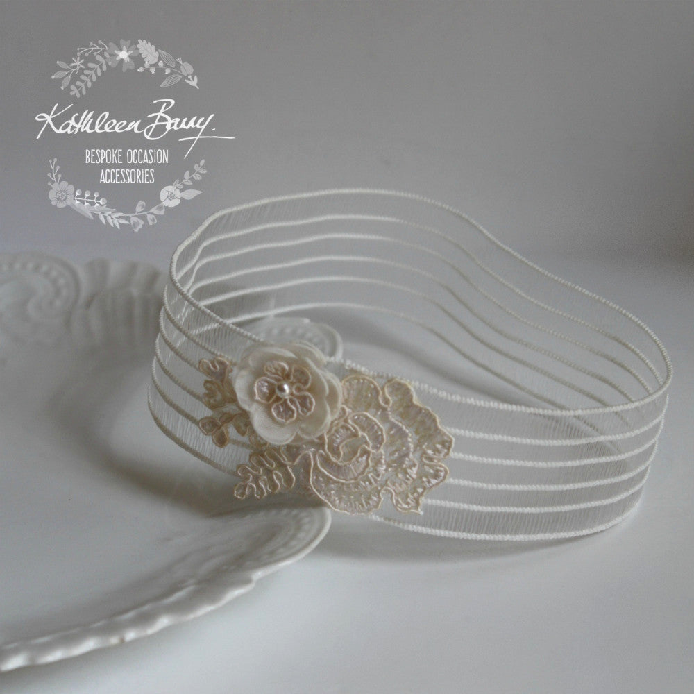 Joelle Garter ivory with flower detail and lace - color options available