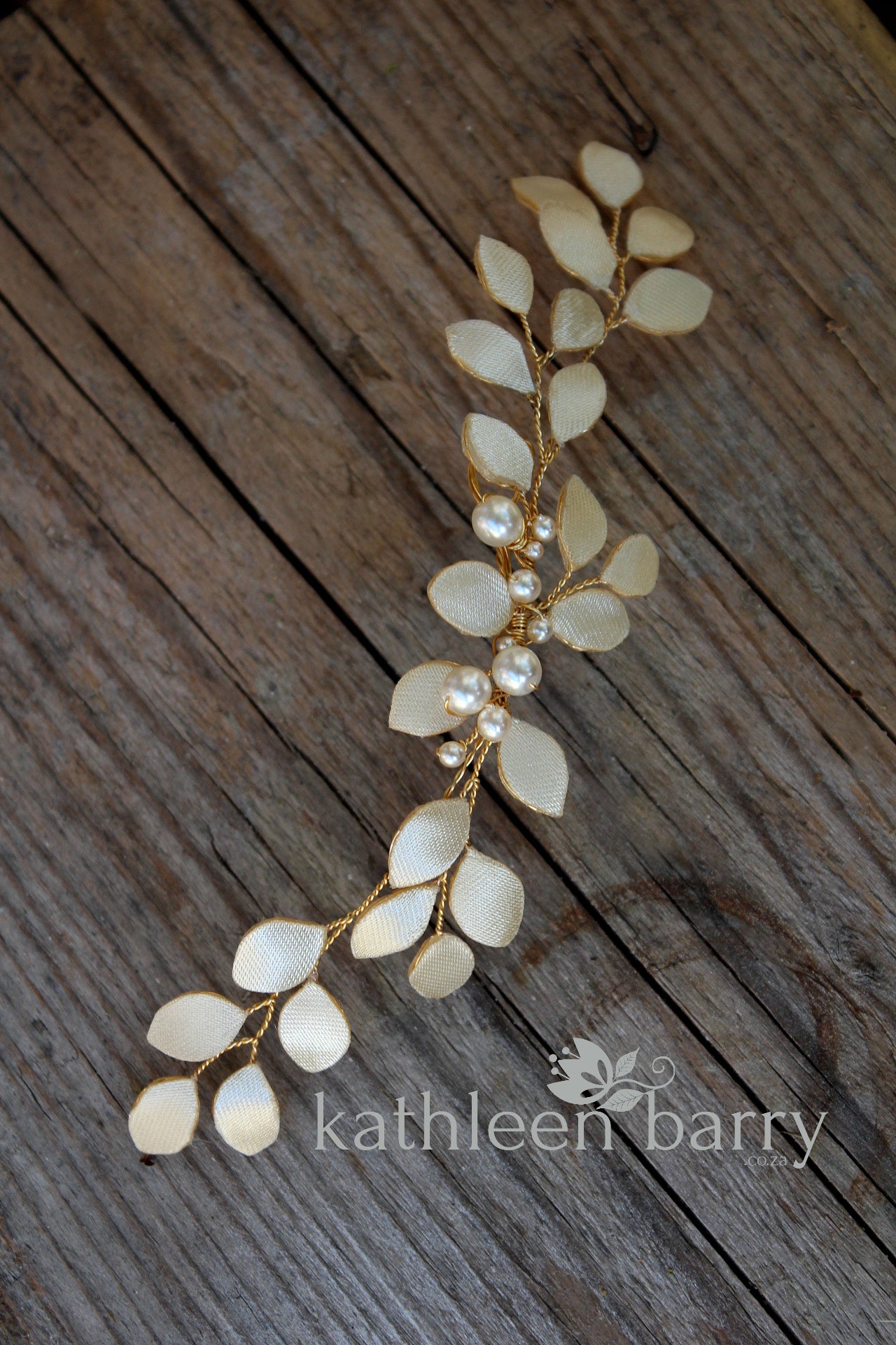 Caralize leaf hairpiece - satin sculpted fabric leaves & pearls - many color options available