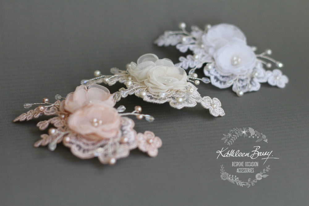 Kali floral lace hairpiece - dainty hair clip - Bridal wedding hair accessory - Blush pink, Ivory or White