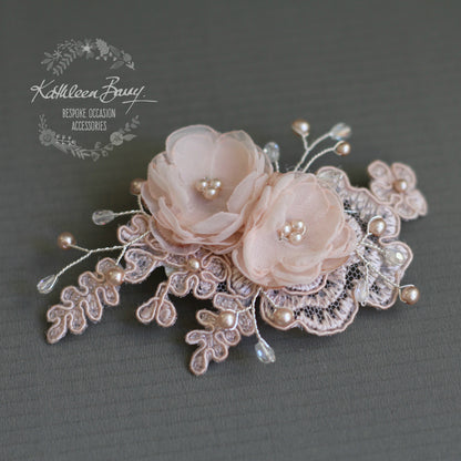 Kali floral lace hairpiece - dainty hair clip - Bridal wedding hair accessory - Blush pink, Ivory or White