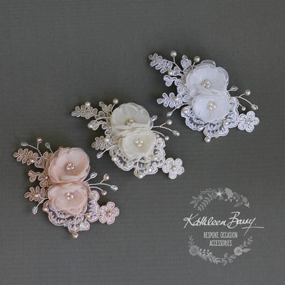 Kali floral lace hairpiece - dainty hair clip - Bridal wedding hair accessory - Blush pink, Ivory or White