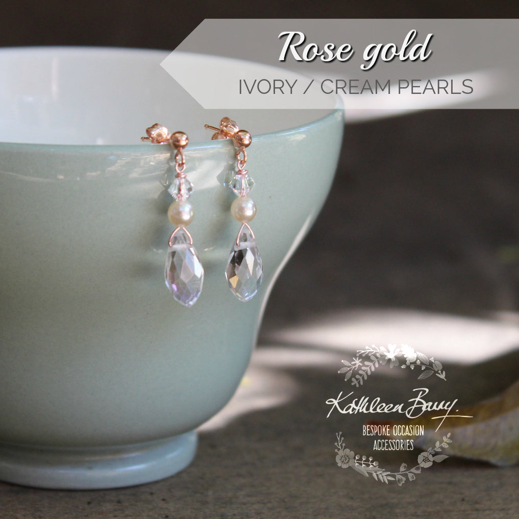 Kate Earrings - Crystal drops with pearls - Rose gold, gold or silver (7 pearl colors available)