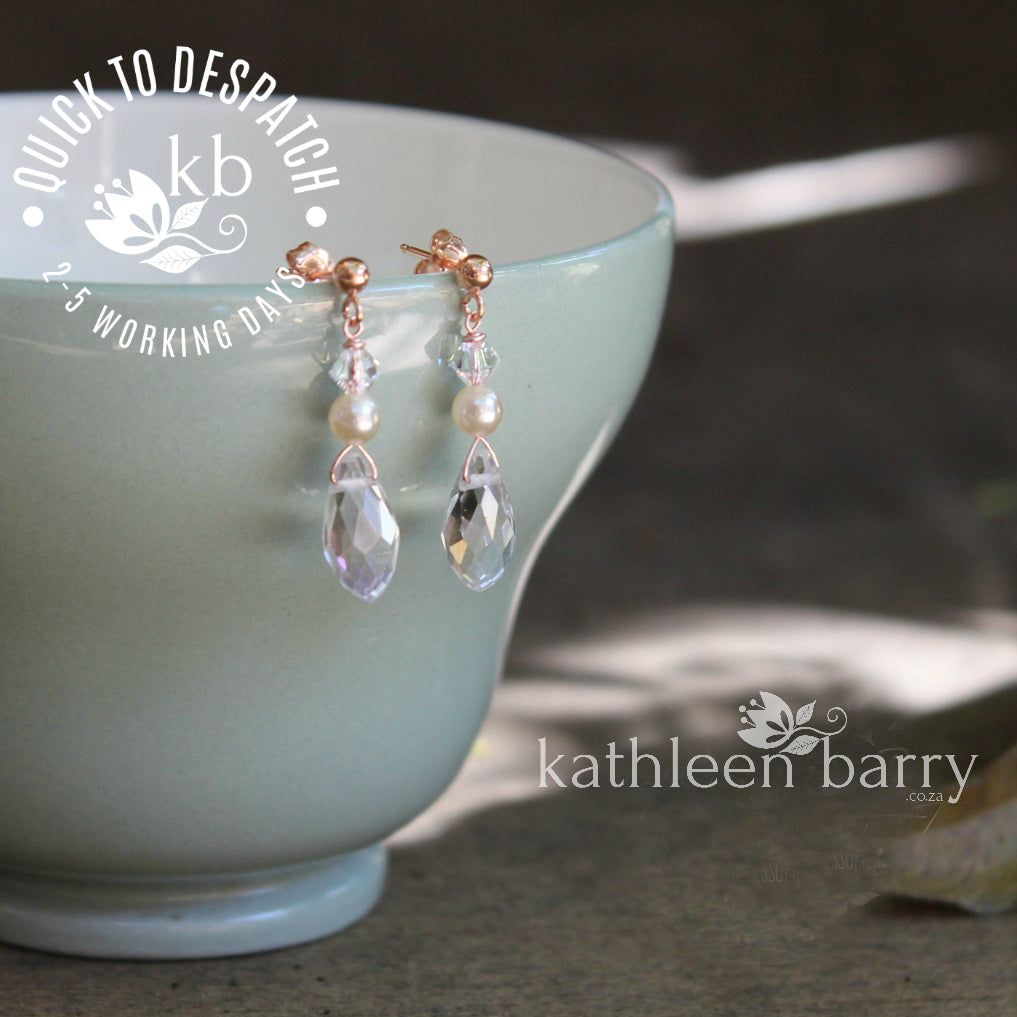 Kate Earrings - Crystal drops with pearls - Rose gold, gold or silver (7 pearl colors available)