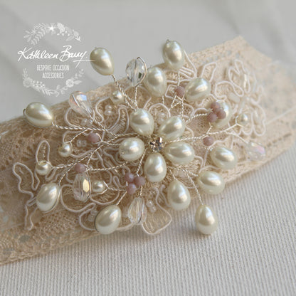 Diane lace and pearl cuff bracelet - hint of soft mauve crystals or your color choice.