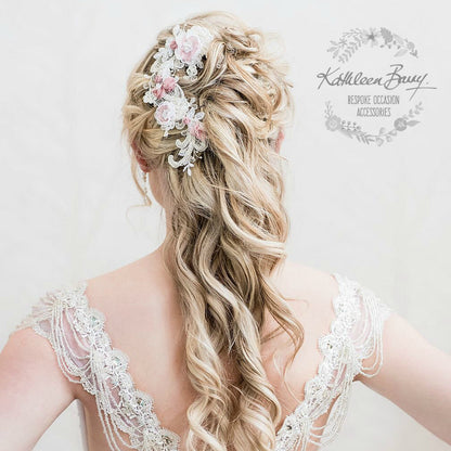 Kathryn hairpiece Lace - Bridal wedding hair accessories - Chantilly lace off white and pink - color options available