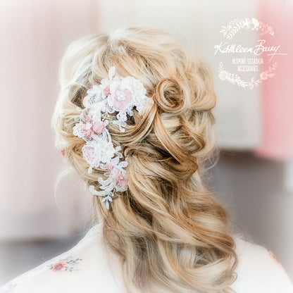 Kathryn hairpiece Lace - Bridal wedding hair accessories - Chantilly lace off white and pink - color options available