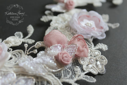 Kathryn hairpiece Lace - Bridal wedding hair accessories - Chantilly lace off white and pink - color options available