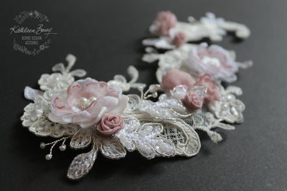 Kathryn hairpiece Lace - Bridal wedding hair accessories - Chantilly lace off white and pink - color options available