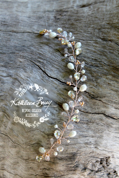 Kaylin Crystal pearl pin in hair vine, rose gold, gold or silver