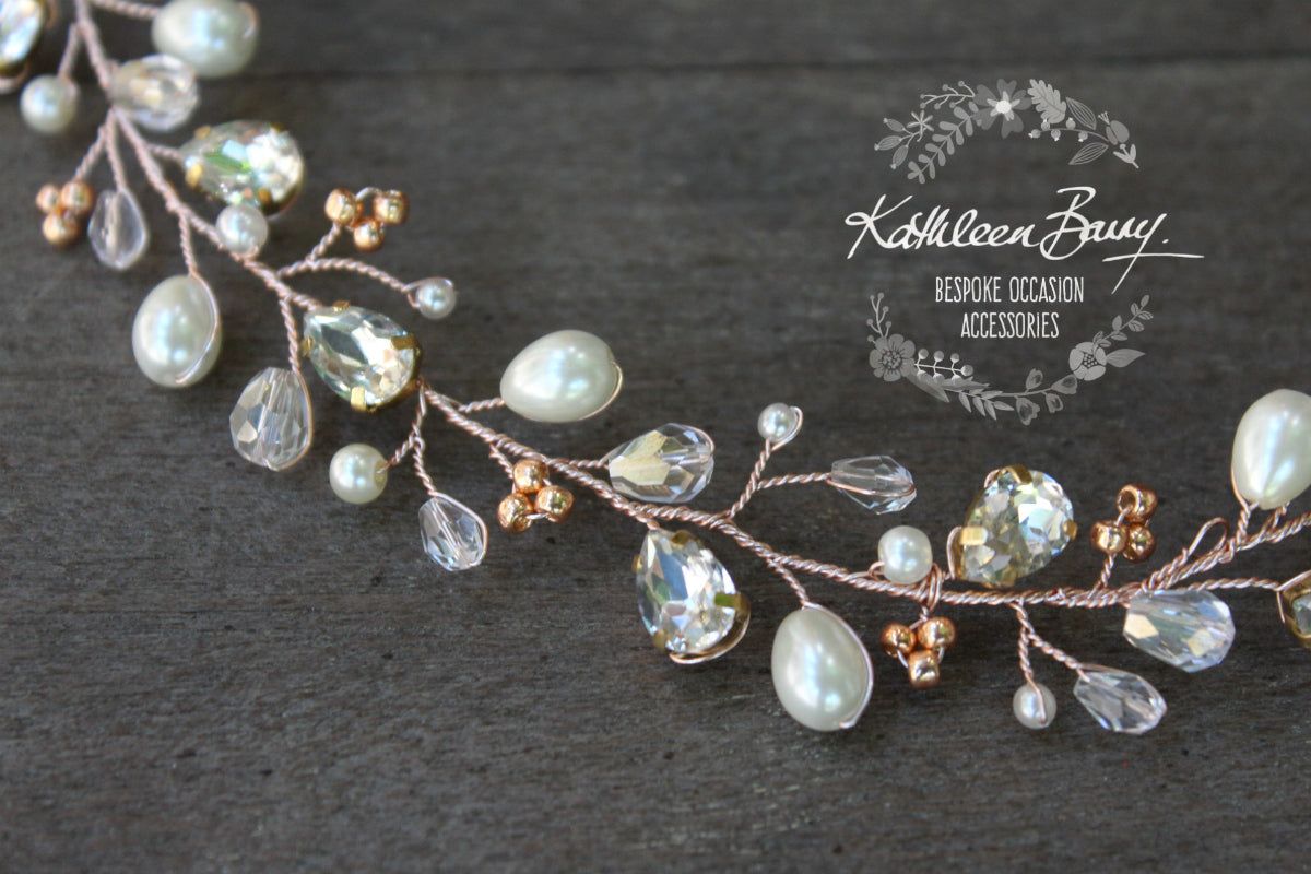 Kaylin Crystal pearl pin in hair vine, rose gold, gold or silver
