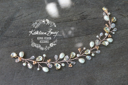 Kaylin Crystal pearl pin in hair vine, rose gold, gold or silver