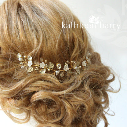 floral boho bride hair pin with leaf dainty flower rhinestone crystals