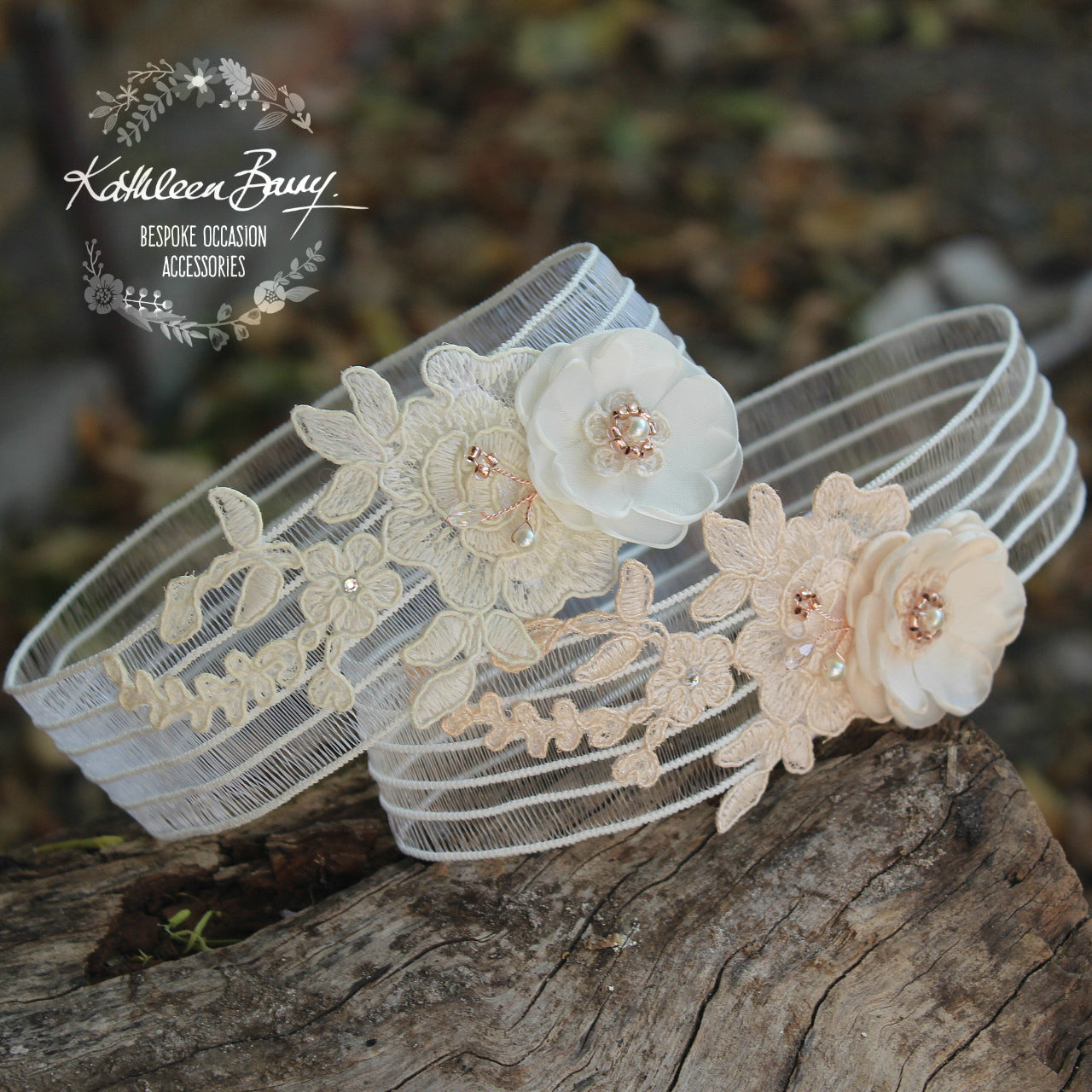 Kelly Garter flower detail and bridal lace Rose gold and blush pink - color options available