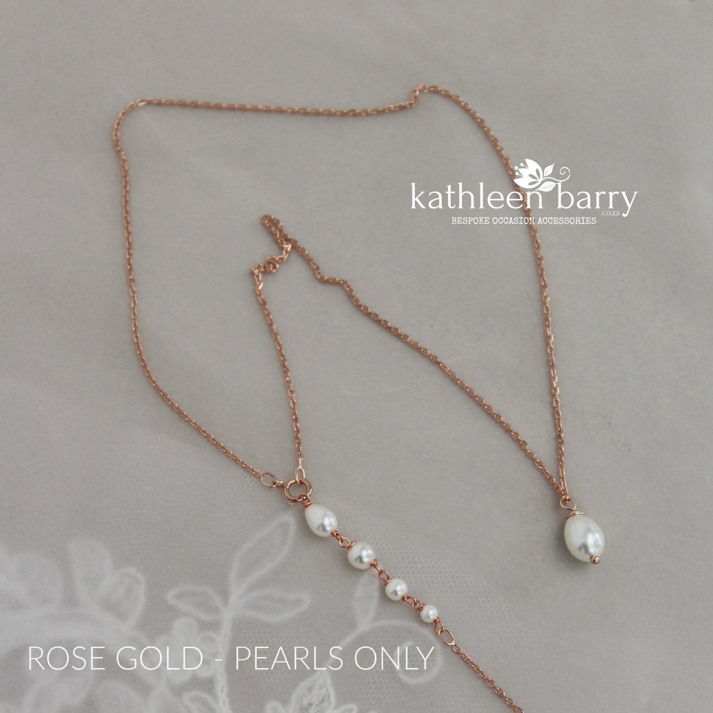 Kirsten Back drop silver, cubic Zirconia and OR pearl necklace. Rose gold & gold also available