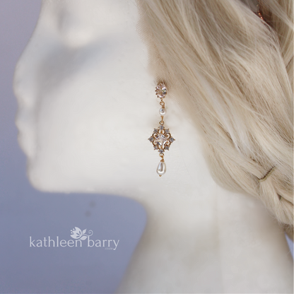 filigree gold pearl drop bridal earrings wedding accessories 