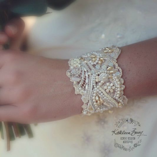 Bridal cuff bracelet lace crystal pearl  - ivory & cream