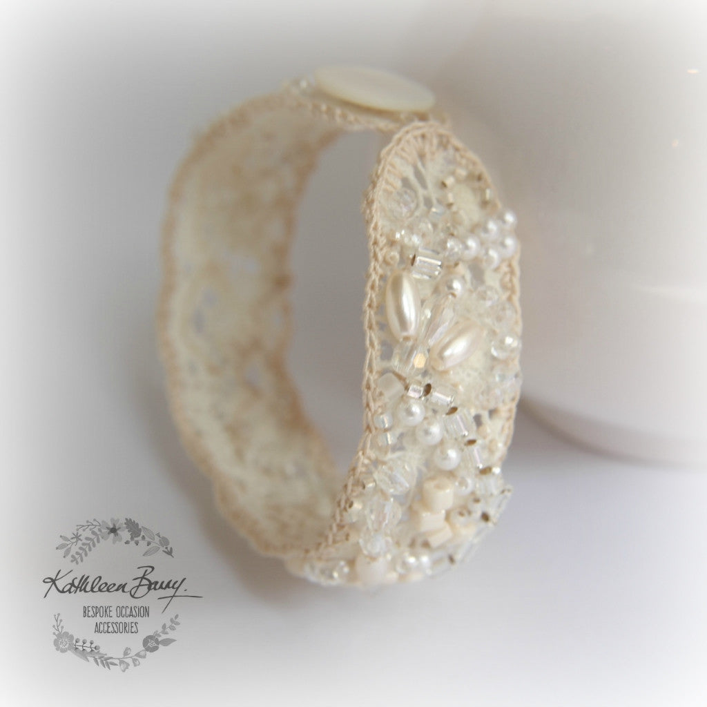 Elmarie vintage Lace Cuff Bracelet - pearl & crystal embellished - wedding bracelet lace - Ivory cream