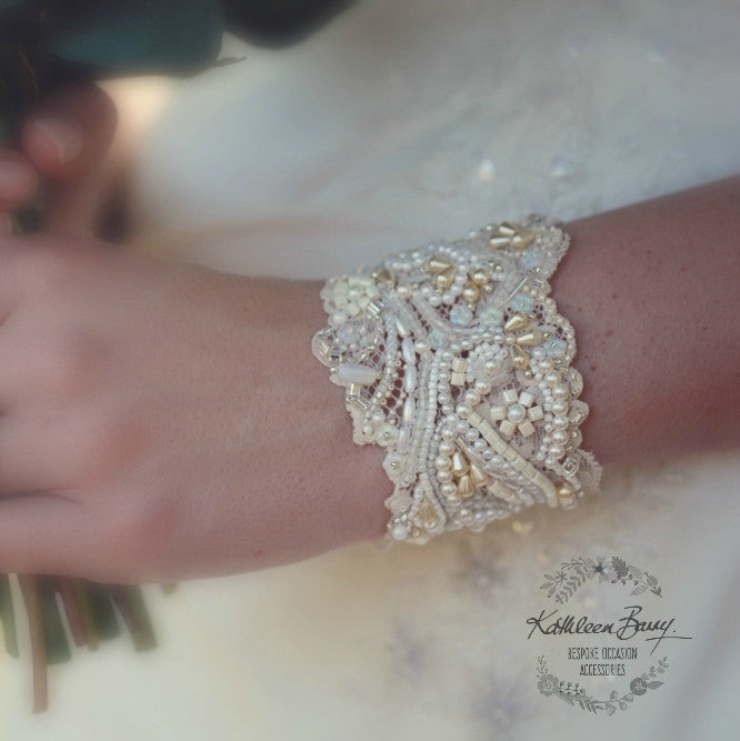 Lace cuff bracelet, crystal pearl with rhinestone detail, hand embellished - ivory & cream