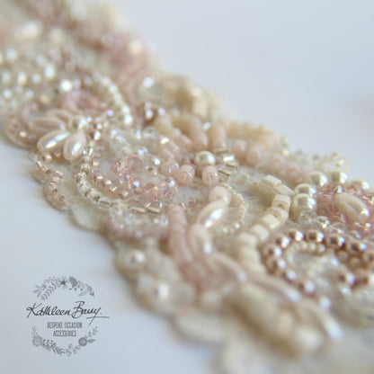 Bridal cuff bracelet lace crystal pearl  - ivory & shades of pink / blush pink