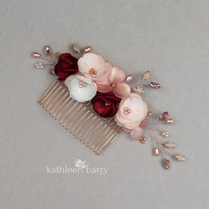 Laetitia floral hair comb rose gold, gold or silver burgundy & blush pink - Custom colors to order