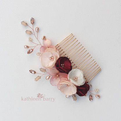 Laetitia floral hair comb rose gold, gold or silver burgundy & blush pink - Custom colors to order