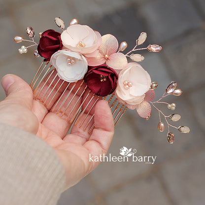 Laetitia floral hair comb rose gold, gold or silver burgundy & blush pink - Custom colors to order