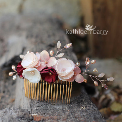 Laetitia floral hair comb rose gold, gold or silver burgundy & blush pink - Custom colors to order