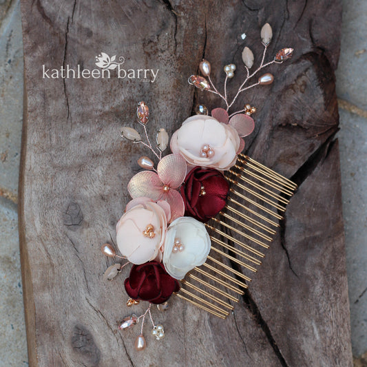 Laetitia floral hair comb rose gold, gold or silver burgundy & blush pink - Custom colors to order