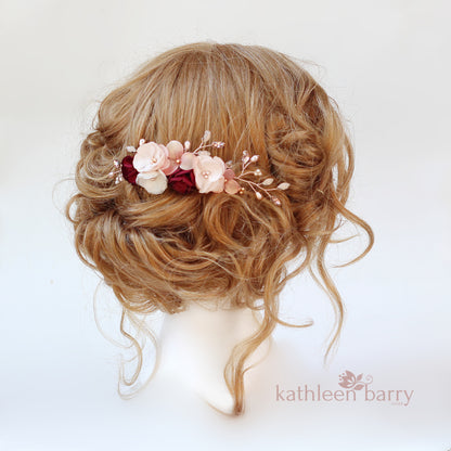 Laetitia floral hair comb rose gold, gold or silver burgundy & blush pink - Custom colors to order
