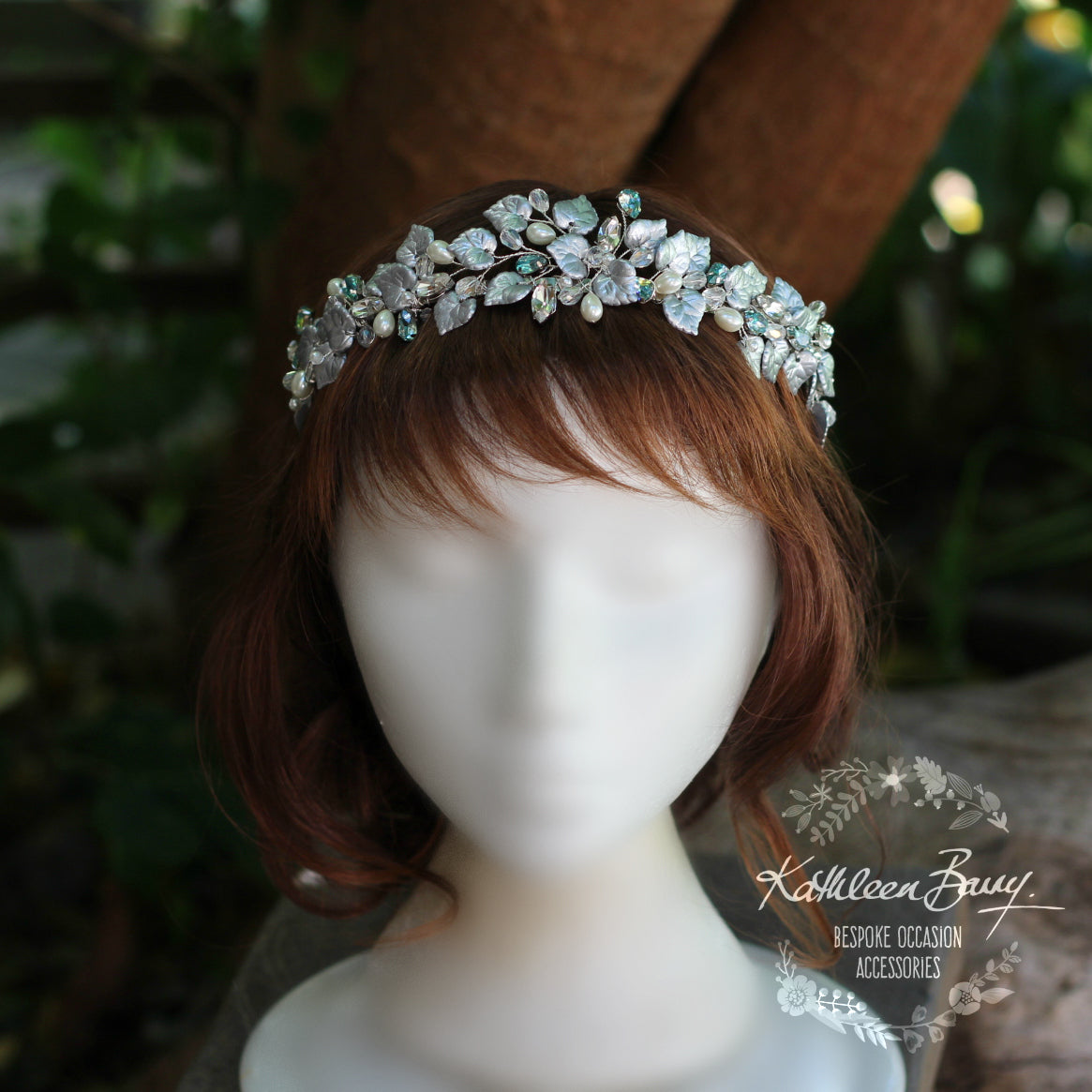 Larissa Silver leaf crown - crystal rhinestones with hints of aqua and pearl.