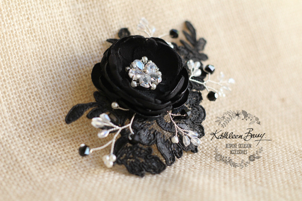 Rosaline Bridal Hair Clip in Black Lace with Cubic Zirconia detail - color options available