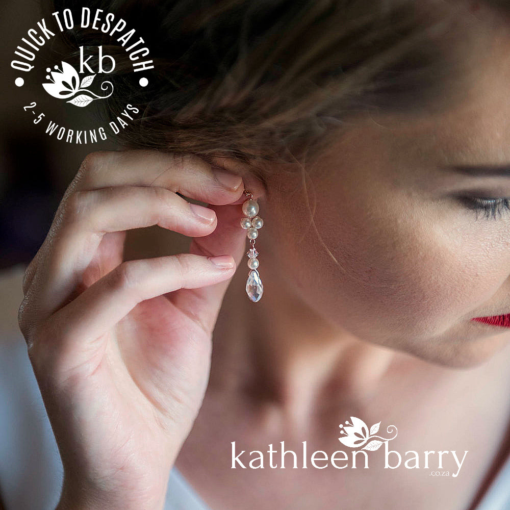 Lauren drop crystal pearl earrings - Silver, Gold, Rose gold or copper finish - assorted pearl color options