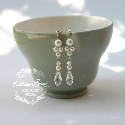 Lauren drop crystal pearl earrings - Silver, Gold, Rose gold or copper finish - assorted pearl color options